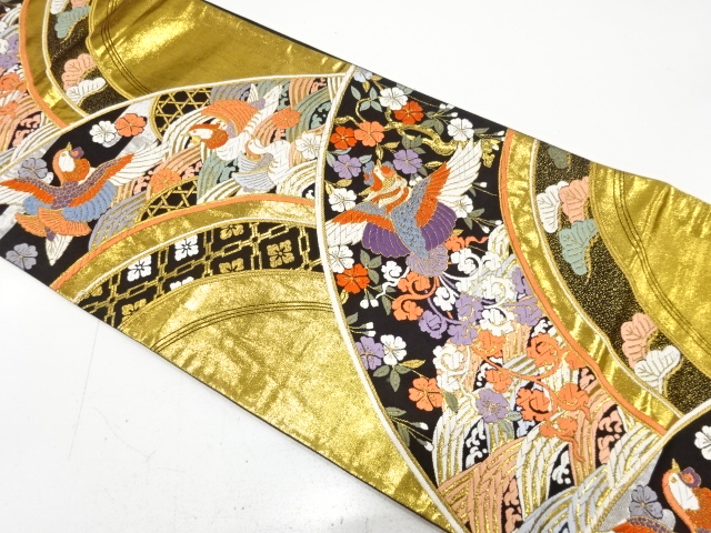 本金　鴛鴦に荒波・枝垂れ桜模様織り出し　袋帯